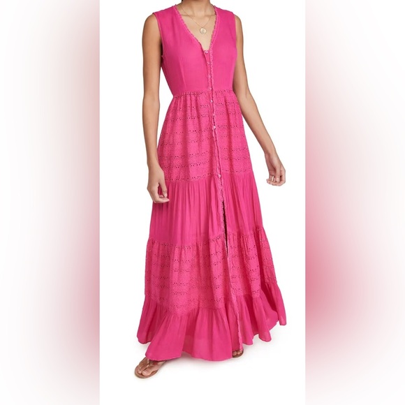 Playa Lucila eyelet maxi dress tiered embroidered gauze button down tiered hot - Picture 1 of 13